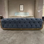 Blue Tufted Velvet Bed Bench with Natural Wood Veneer & Gold Accents